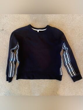 Athleta Black & White Striped Graphic Logo Fleece Pullover Sweatshirt Women S